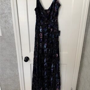 Lulu's Black Velvet Maxi Dress with Purple & Blue Floral Burnout